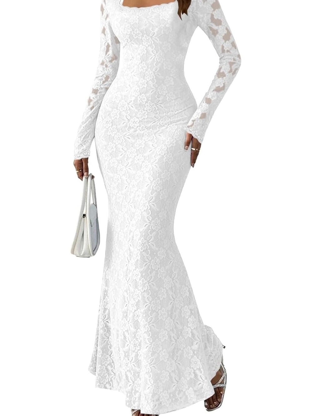 Elegant White Lace Long-Sleeve Mermaid Dress